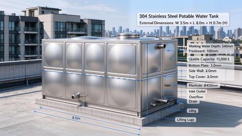 Dernière affaire concernant 15,000L 304 Stainless Steel Potable Water Tank for Commercial Apartment Rooftop Water Supply