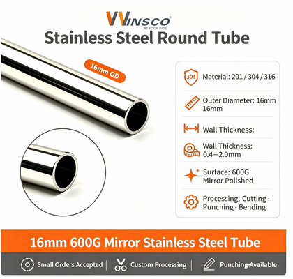 Tube rond en acier inoxydable 19 mm Inox Métal TP 201 304 316 Surface satinée miroir Épaisseur de paroi 0,4 mm-1,5 mm 5/8''