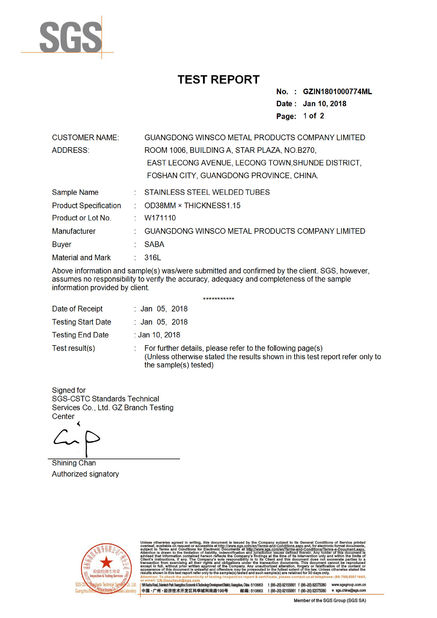 La Chine (GuangDong)Foshan Winsco Metal Products Co., Ltd. certifications