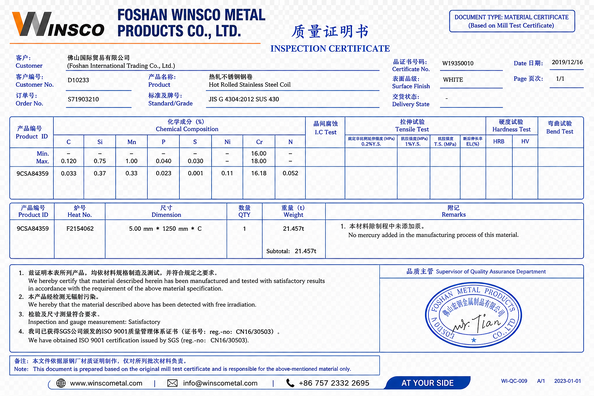 La Chine (GuangDong)Foshan Winsco Metal Products Co., Ltd. certifications