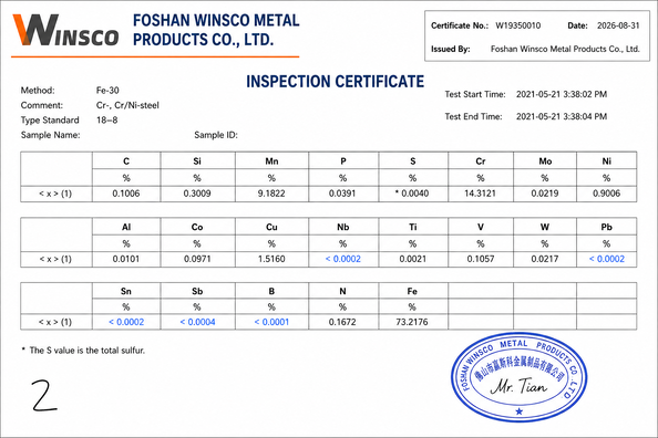 La Chine (GuangDong)Foshan Winsco Metal Products Co., Ltd. certifications