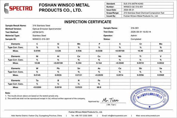 La Chine (GuangDong)Foshan Winsco Metal Products Co., Ltd. certifications