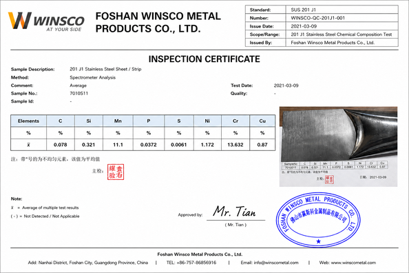 La Chine (GuangDong)Foshan Winsco Metal Products Co., Ltd. certifications