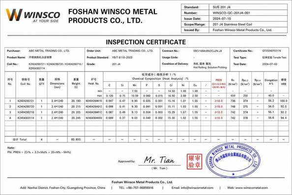La Chine (GuangDong)Foshan Winsco Metal Products Co., Ltd. certifications