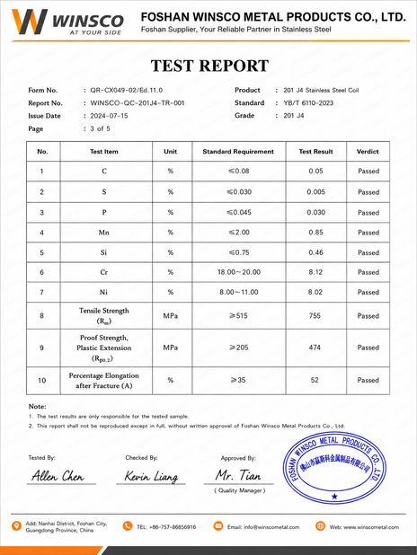 La Chine (GuangDong)Foshan Winsco Metal Products Co., Ltd. certifications